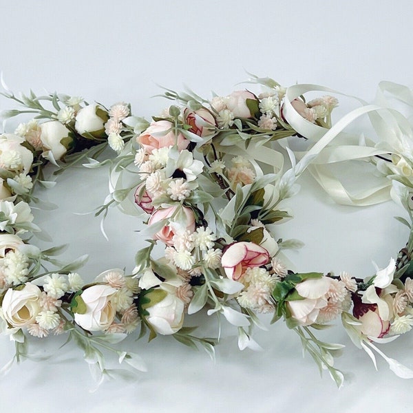 Women Girl Creamy White Pink Flower Floral Fairy Rustic Woodland wedding greenery leaf Crown Tiara Bridal Wreath Headband Garland Headpiece