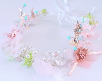 Women Girl Woodland Fairy Pink Color Wire Butterfly Crystal Beads Flower Function Party tiara Crown Hair head band Headband Garland