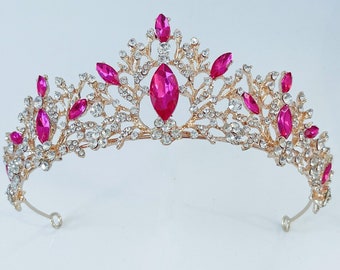 Women Bride Bridal Wedding Aurora Princess Inspired Pink Crystal Rhinestone, Prom Function Costume Party Gold color Princess Tiara Crown