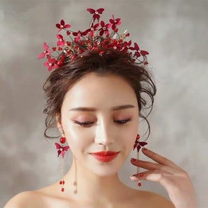 Women Dark Red Flower Butterfly headpiece, Wedding Red Tiara, prom wedding headwear Hair head accessory Fascinator Garland Headband Earrings image 2