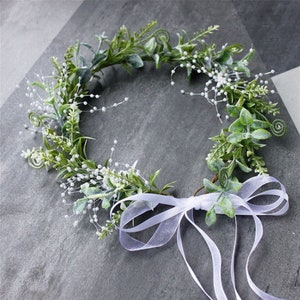 Women Beach Woodland Rustic Greenery Green Leaf wreath garland head band hair tiara headband hairpiece Crown garland with ribbon