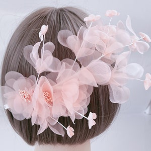 Women Peach Pink Chiffon Flower Prom Function Garland head band hair Clip Pin headband hairpiece Fascinator Accesssory