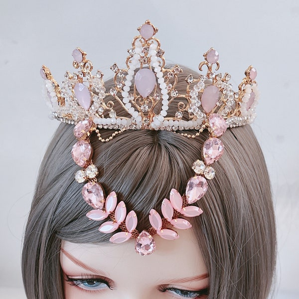 Women Girl Lady Gold Pink Color Crystal Rhinestone Prom Costume Princess Party Tiara Crown Hair band Headband /Forehead Piece Chain