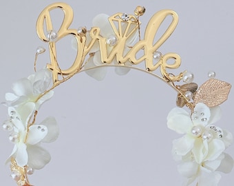 Woman Lady Bride To Be Gold color Party Tiara Crown Hair band Headband,Bridal Shower Headpiece with Beige Flowers,woodland Bride hair Tiara