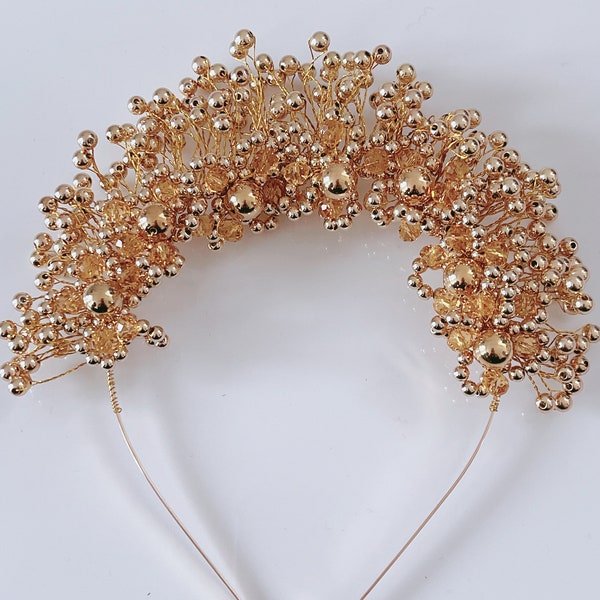 Women Girls Gold Color Beaded Beads Wire Celestial Fancy Party Tiara Crown Hair head band Headband Halo Dance Hoop Fascinator