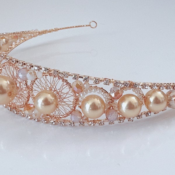 Women Rose Gold Champagne Beige Pearl Beaded Tiara Crown Prom Ball Party Hair Accessory Headband Crystal Hairpiece