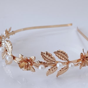 Women Girls Gold Color Rose Leaf Pearl Metal Metallic Simple Light Prom Party Fascinator Hair band hoop Headband