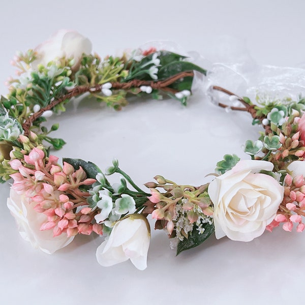 Women Party Rustic Wedding White Pink Flower Berry Flower Girl Kid Bohemian boho Rose Halo Floral Crown Tiara Bridal Wreath Headband Garland