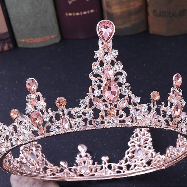 Women Lady Bride Wedding Pink Crystal Rhinestone Royal Champagne Peach Prom Function Costume Party Tiara Crown Hair Headband