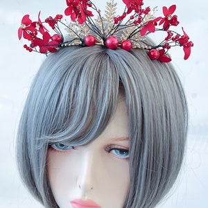 Women Dark Red Flower Butterfly headpiece, Wedding Red Tiara, prom wedding headwear Hair head accessory Fascinator Garland Headband Earrings image 5