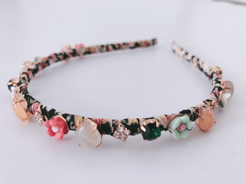 Women Floral Black Cloth wrapped Glasses Jade stone Hair Head Band Hoop Headband Accessory Jewelry headwear fascinator