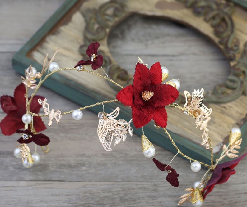 prom headwear Hair head accessory Fascinator Garland Headband butterfly Tiara Women Girl Red Flower headpiece
