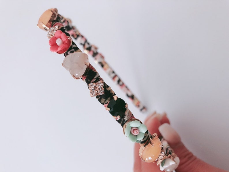 Women Floral Black Cloth wrapped Glasses Jade stone Hair Head Band Hoop Headband Accessory Jewelry headwear fascinator