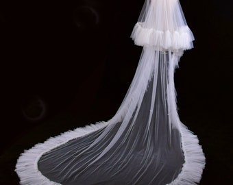 3 Meter Women Bride Bridal wedding Ivory White Hair Head Ruffle Trimmed Trim Edge Long Veil hair accessory with Comb