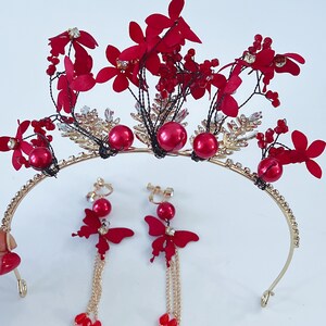 Women Dark Red Flower Butterfly headpiece, Wedding Red Tiara, prom wedding headwear Hair head accessory Fascinator Garland Headband Earrings image 8