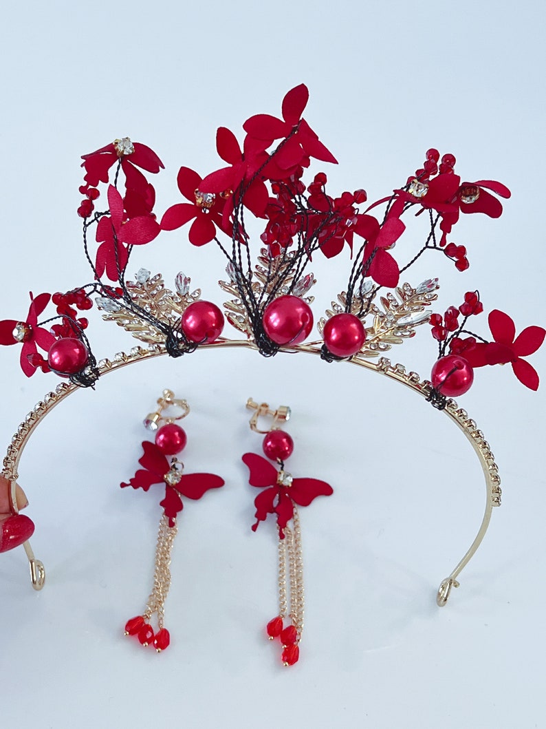 Women Dark Red Flower Butterfly headpiece, Wedding Red Tiara, prom wedding headwear Hair head accessory Fascinator Garland Headband Earrings image 8