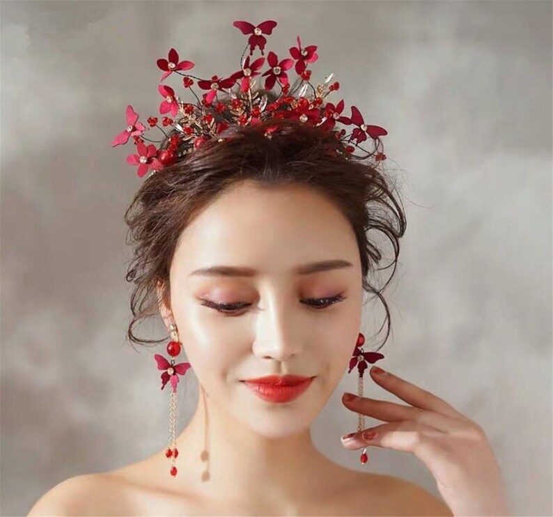 Women Dark Red Flower Butterfly headpiece, Wedding Red Tiara, prom wedding headwear Hair head accessory Fascinator Garland Headband Earrings image 2