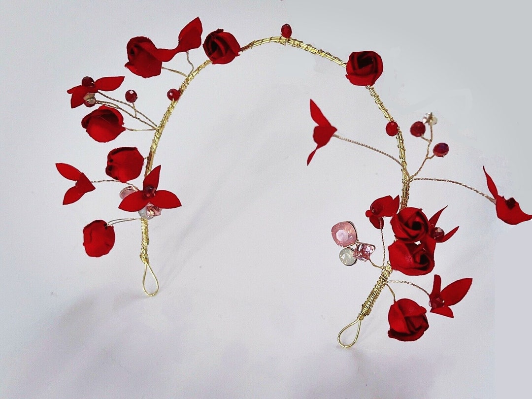 Women Girls Dark Red Rose Bud Flower Headpiece Red Tiara Prom Wedding ...