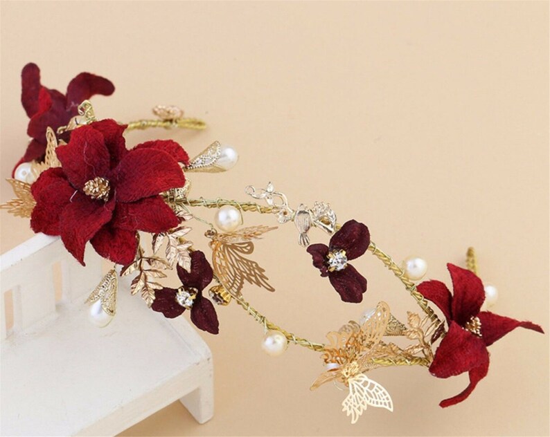 prom headwear Hair head accessory Fascinator Garland Headband butterfly Tiara Women Girl Red Flower headpiece