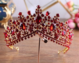 Women Lady Bride Wedding Red Crystal Rhinestone Prom Function Costume Party Gold High Hair Head Tiara Crown Headband