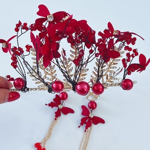 Women Dark Red Flower Butterfly headpiece, Wedding Red Tiara, prom wedding headwear Hair head accessory Fascinator Garland Headband Earrings image 10