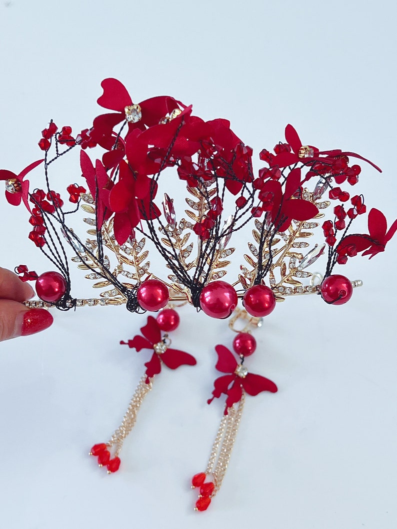 Women Dark Red Flower Butterfly headpiece, Wedding Red Tiara, prom wedding headwear Hair head accessory Fascinator Garland Headband Earrings image 10