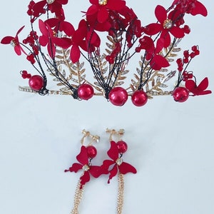 Women Dark Red Flower Butterfly headpiece, Wedding Red Tiara, prom wedding headwear Hair head accessory Fascinator Garland Headband Earrings image 4