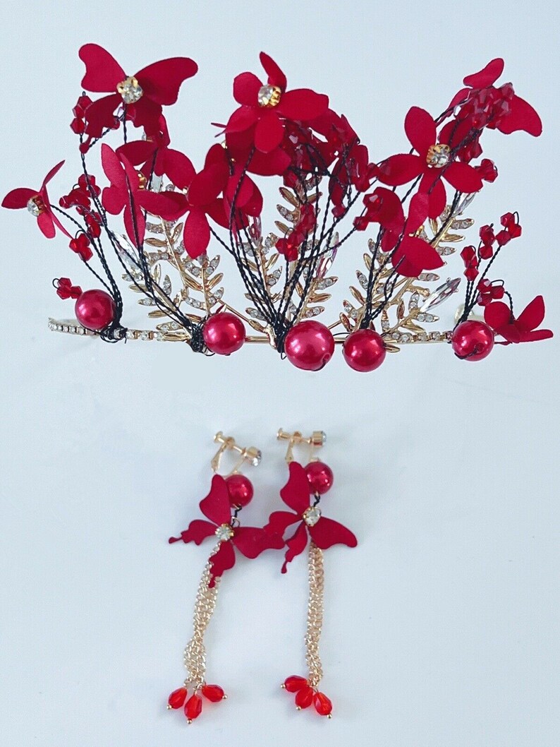 Women Dark Red Flower Butterfly headpiece, Wedding Red Tiara, prom wedding headwear Hair head accessory Fascinator Garland Headband Earrings image 4