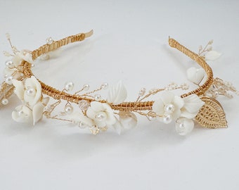 Women Gold Color BOHO Leaf White Flower Pearl Metal Metallic Prom Party Fascinator Hair band hoop Headband Tiara