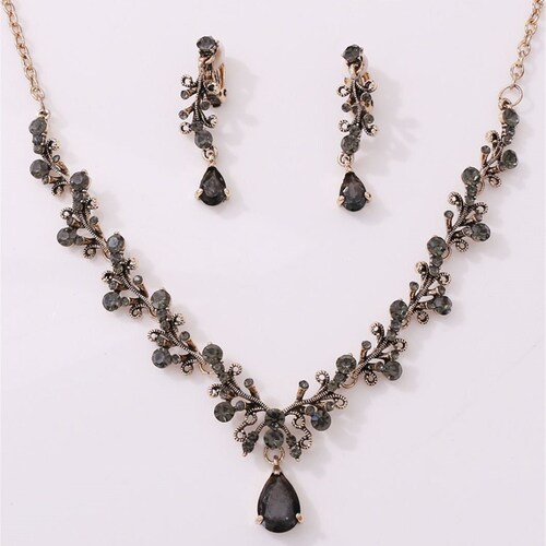 Black Rhinestone Necklace Jewelry Set Prom Quenceanera Bridal Etsy