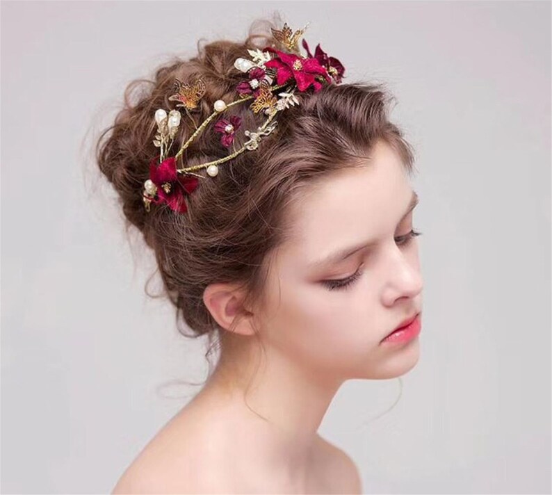 prom headwear Hair head accessory Fascinator Garland Headband butterfly Tiara Women Girl Red Flower headpiece
