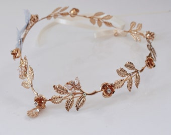 Vrouwen Bruid Romantische boho Goud Kleur Grieks Blad Roos Voorhoofd Drop Vlinder Bruiloft Tiara Haarstukje Prom Haar Hoofdband hoofdband accessoire