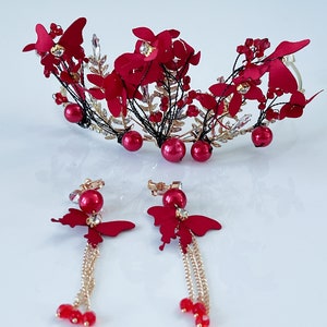 Women Dark Red Flower Butterfly headpiece, Wedding Red Tiara, prom wedding headwear Hair head accessory Fascinator Garland Headband Earrings image 9