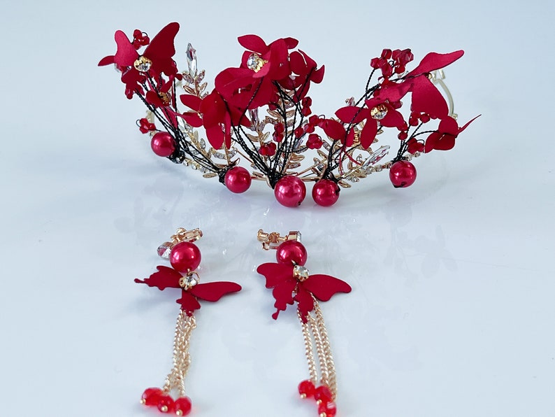 Women Dark Red Flower Butterfly headpiece, Wedding Red Tiara, prom wedding headwear Hair head accessory Fascinator Garland Headband Earrings image 9