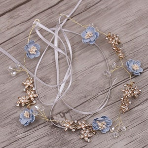 Women Lady little Blue flower Wedding Bride Party gold color Hair Head band headband accessory tiara Garland hairpiece fascinator ribbon