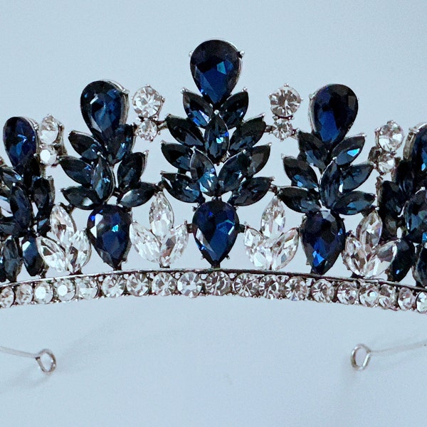 Women Navy Blue Crystal Rhinestone leaf Queen Photography Party Gold color Proper Metal Tiara Crown