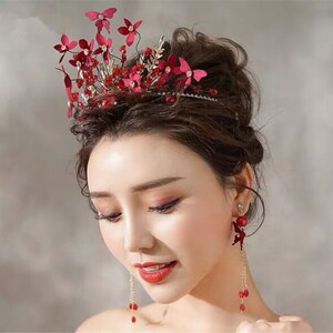 Women Dark Red Flower Butterfly headpiece, Wedding Red Tiara, prom wedding headwear Hair head accessory Fascinator Garland Headband Earrings image 3