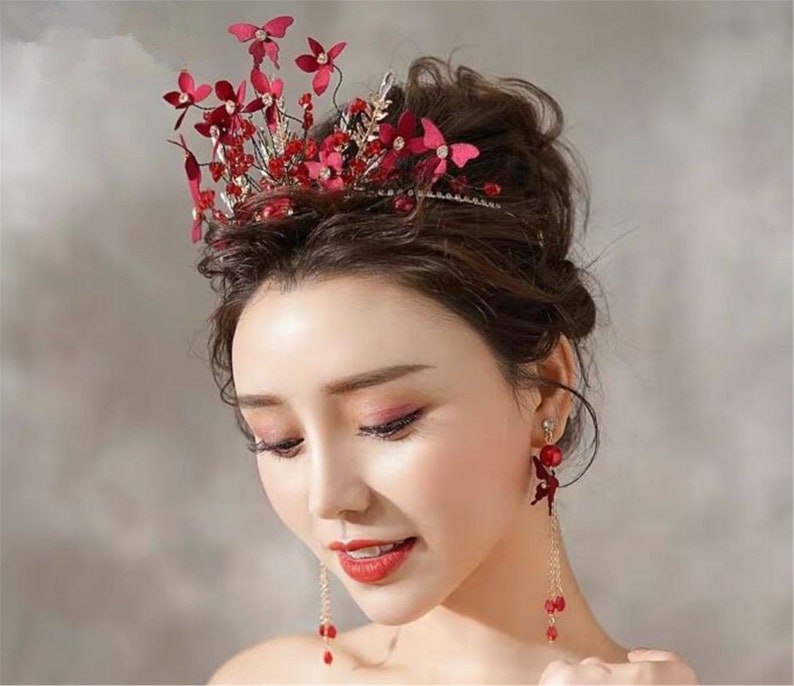 Women Dark Red Flower Butterfly headpiece, Wedding Red Tiara, prom wedding headwear Hair head accessory Fascinator Garland Headband Earrings image 3