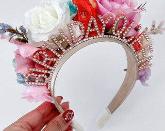 Woman Lady Birthday Queen Party Woodland Flower Tiara Crown Hair band Rainbow Colorful Headpiece Flowers Crystal Headband Hoop Headwear