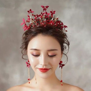 Women Dark Red Flower Butterfly headpiece, Wedding Red Tiara, prom wedding headwear Hair head accessory Fascinator Garland Headband Earrings image 1