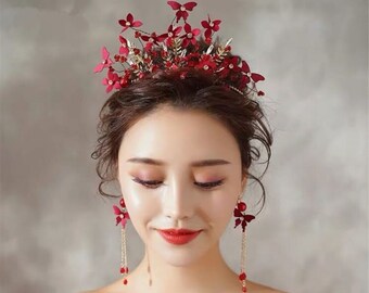 Women Dark Red Flower Butterfly headpiece, Wedding Red Tiara, prom wedding headwear Hair head accessory Fascinator Garland Headband Earrings