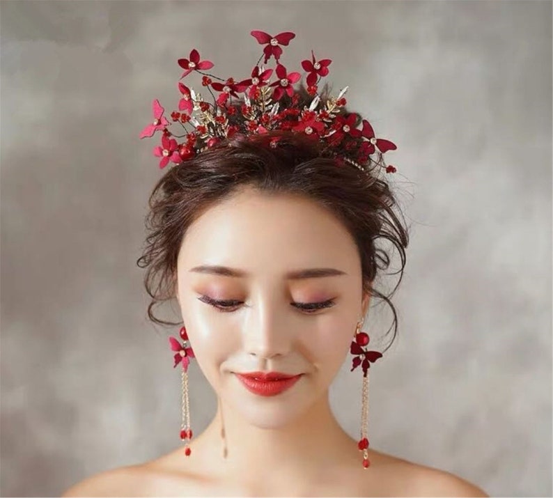 Women Dark Red Flower Butterfly headpiece, Wedding Red Tiara, prom wedding headwear Hair head accessory Fascinator Garland Headband Earrings image 1