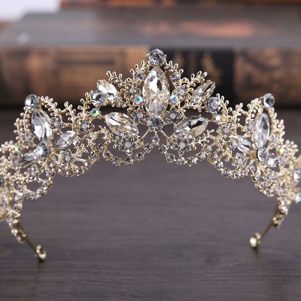 Woman Ladies Bride Wedding Bridal Gold Color Bling Crystal Princess Prom Function Costume Party Tiara Crown PROP Hair band hoop Headband