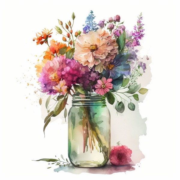 Vase mit Blumen Clipart, 10 hochwertige JPGs, digitaler Download, Aquarell-ClipArt, Kartenherstellung, Papierhandwerk, Bundle-Werbung