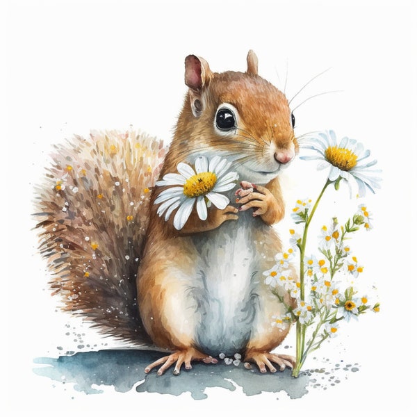 Squirrel With a Daisy Clipart, 15 JPG di alta qualità, Download digitale, ClipArt ad acquerello, Creazione di carte, Creazione di carta, Pacchetto commerciale
