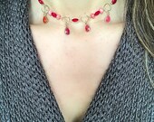 Bohemian dangle choker pink quartz gemstone with 14 karat gold fill chain and pink agate