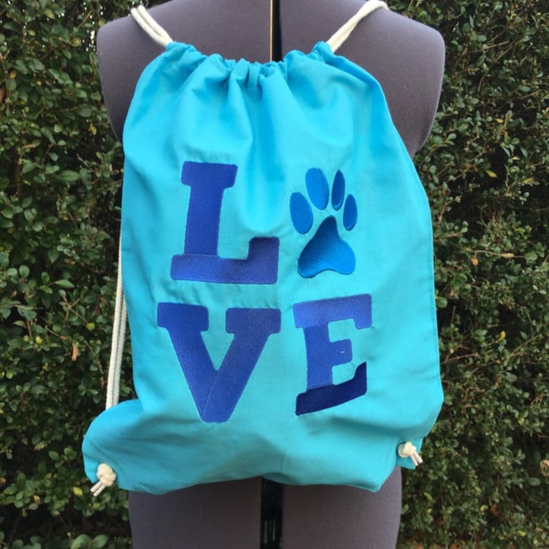 Christmas gift Blue bag Drawstring backpack Embroidered drawstring bag Ready to ship 100/% cotton backpack Love paw