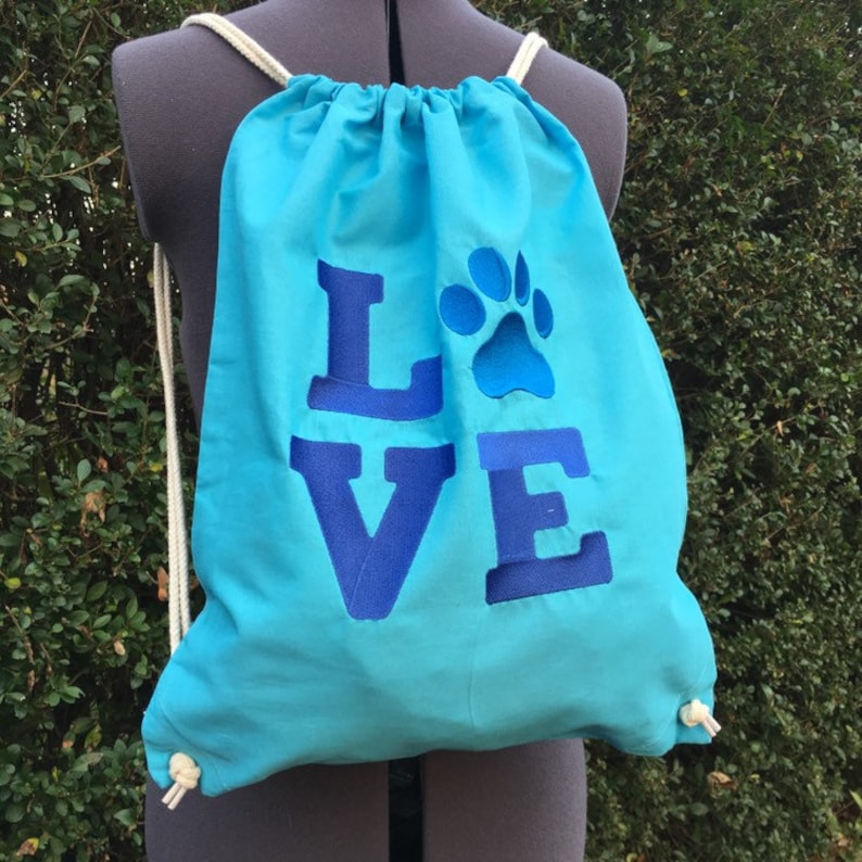 Christmas gift Blue bag Drawstring backpack Embroidered drawstring bag Ready to ship 100/% cotton backpack Love paw