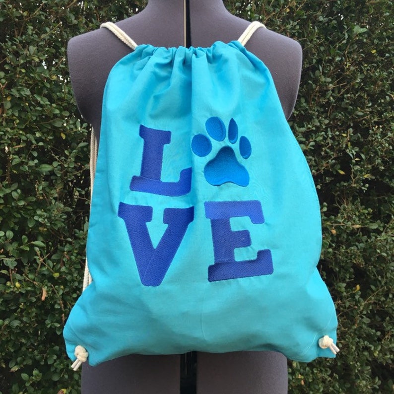 Christmas gift Blue bag Drawstring backpack Embroidered drawstring bag Ready to ship 100/% cotton backpack Love paw