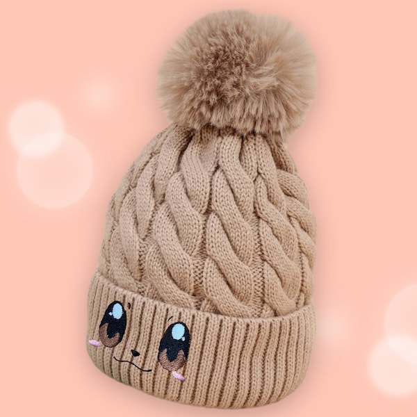 Eevee Embroidered Cuffed Knit Beanie with pom pom, pokefan hat, beige pom pom beanie, brown pompom beanie, unisex hat, embroidered hat,